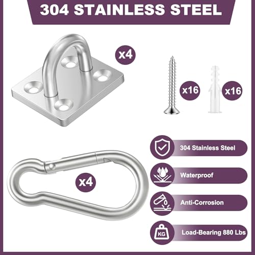 Feanron 4 Pack M6 Stainless Steel Heavy Duty Hammock Hanging Hooks - 880 lbs Capacity, Indoor/Outdoor