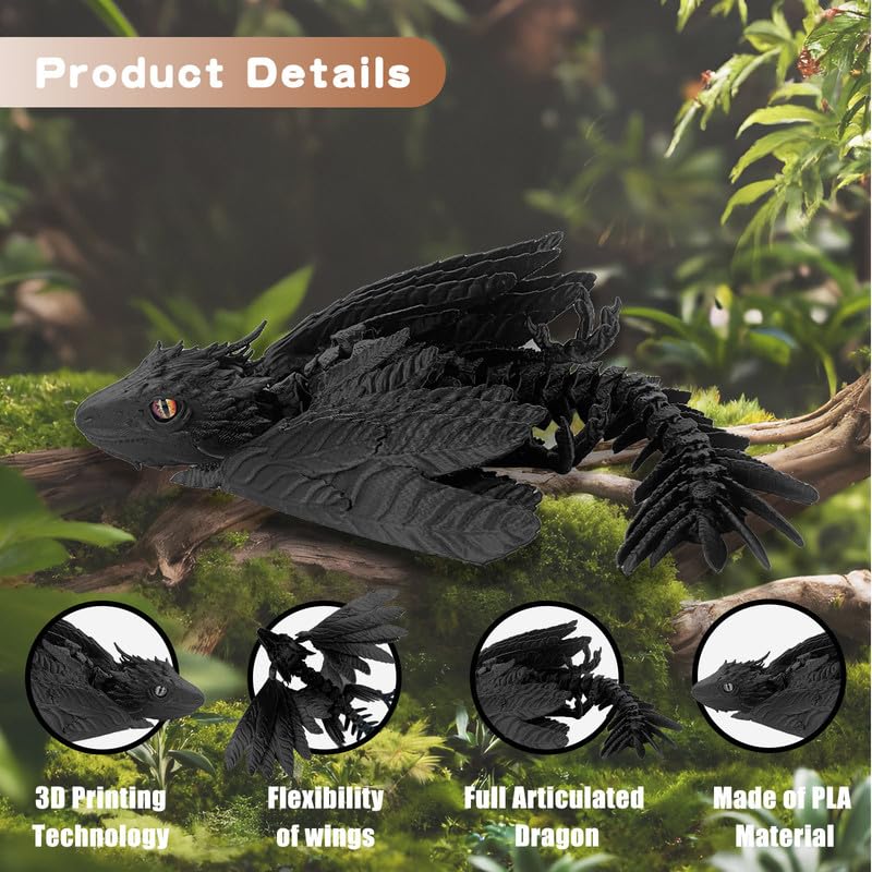 Feathered Wyvern Dragon 3D Printed Articulated Dragon with Wings – Black