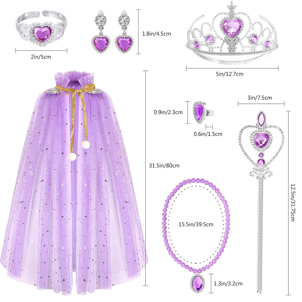 Fedio 7-Piece Princess Cape Set with Tiara, Wand, and Jewelry - Purple
