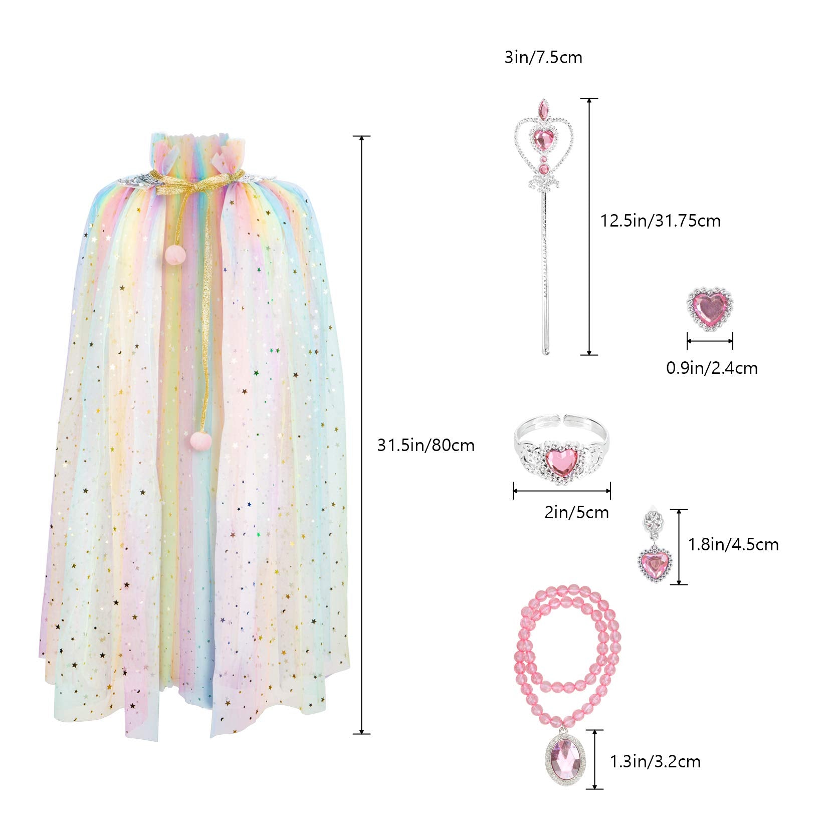 Fedio Princess Cape Set 7 Pieces Girls Princess Cloak with Tiara Crown, Wand for Little Girls Dress up (Rainbow)