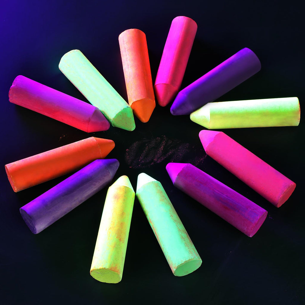 Feifeiya 12-Pack Glow in the Dark Neon Chalk – 6 UV-Reactive Colors, Washable & Low Dust for Blacklight Parties and Outdoor Art