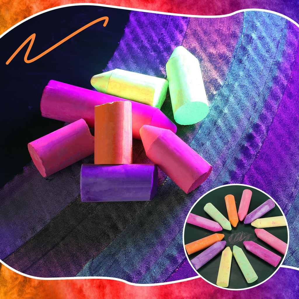 Feifeiya 12-Pack Glow in the Dark Neon Chalk – 6 UV-Reactive Colors, Washable & Low Dust for Blacklight Parties and Outdoor Art