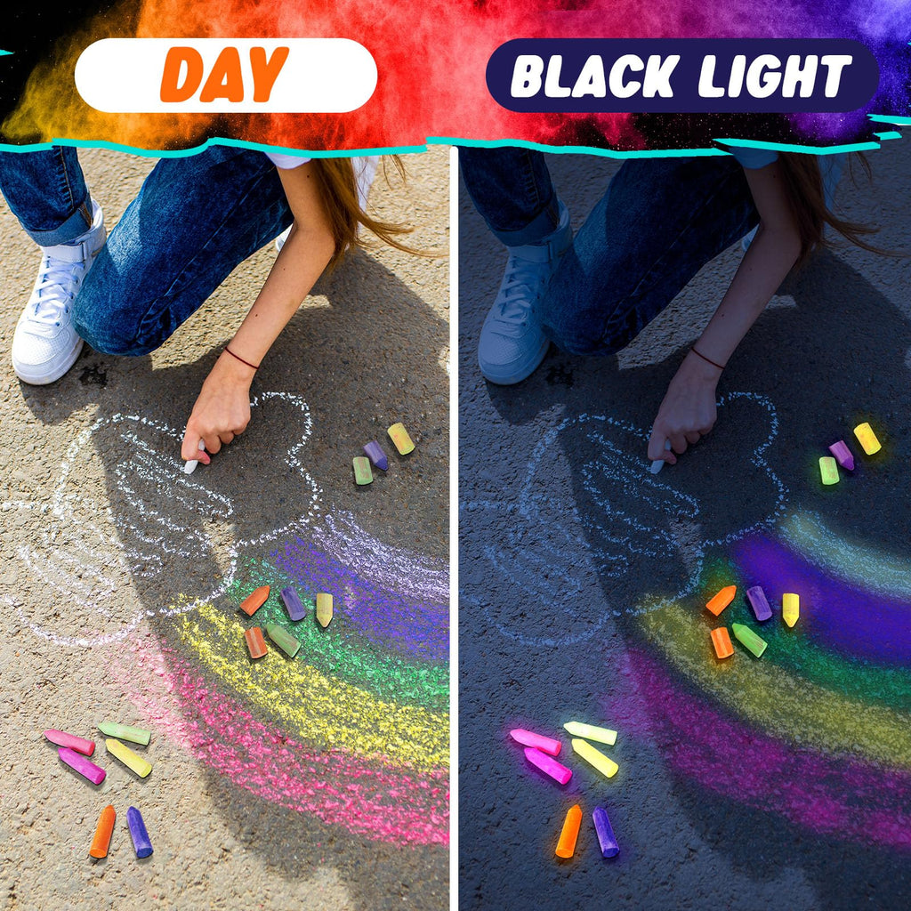 Feifeiya 12-Pack Glow in the Dark Neon Chalk – 6 UV-Reactive Colors, Washable & Low Dust for Blacklight Parties and Outdoor Art