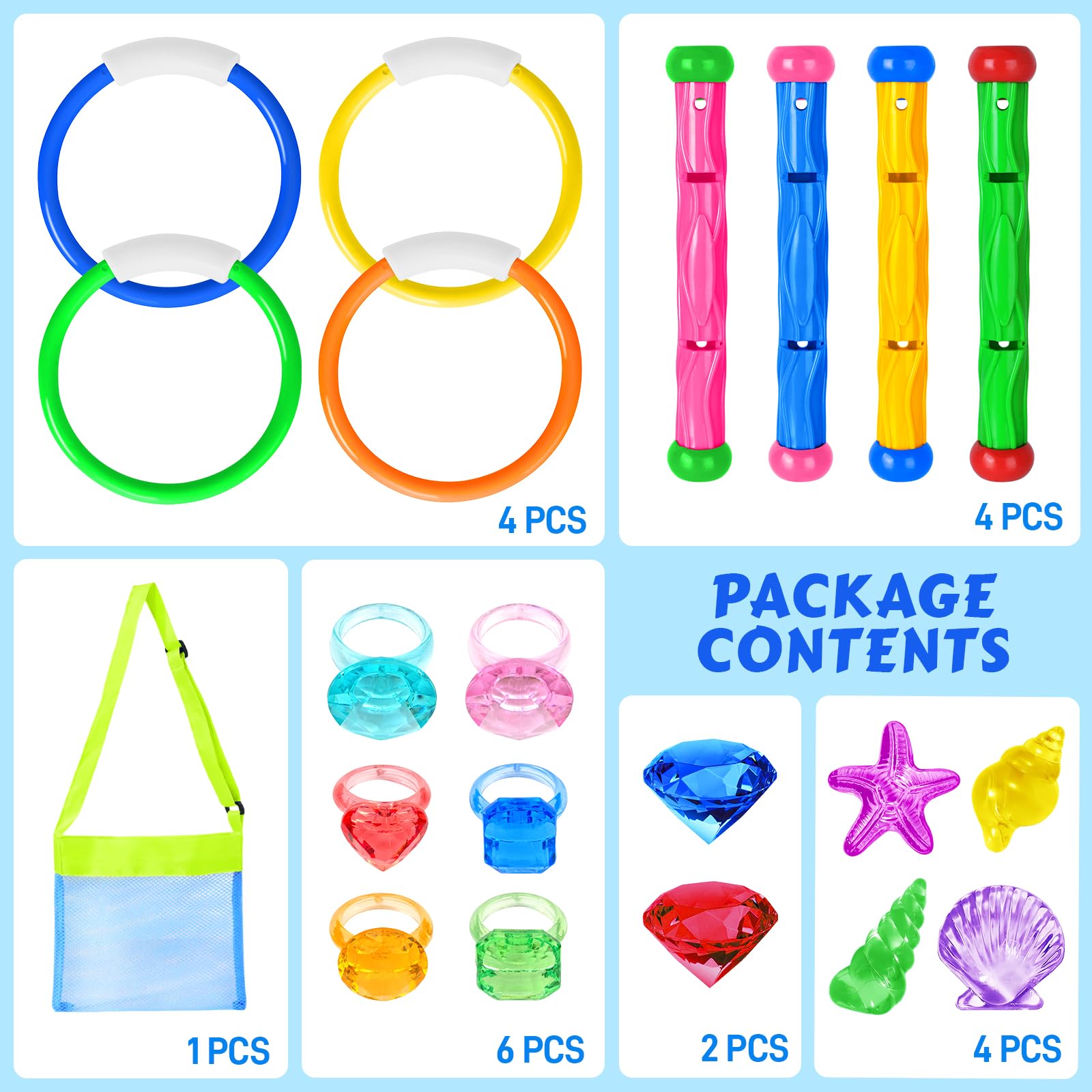 Feivando 20-Piece Pool Diving Toys Set for Kids – Rings, Sticks, Gems & Storage Bag for Summer Water Games