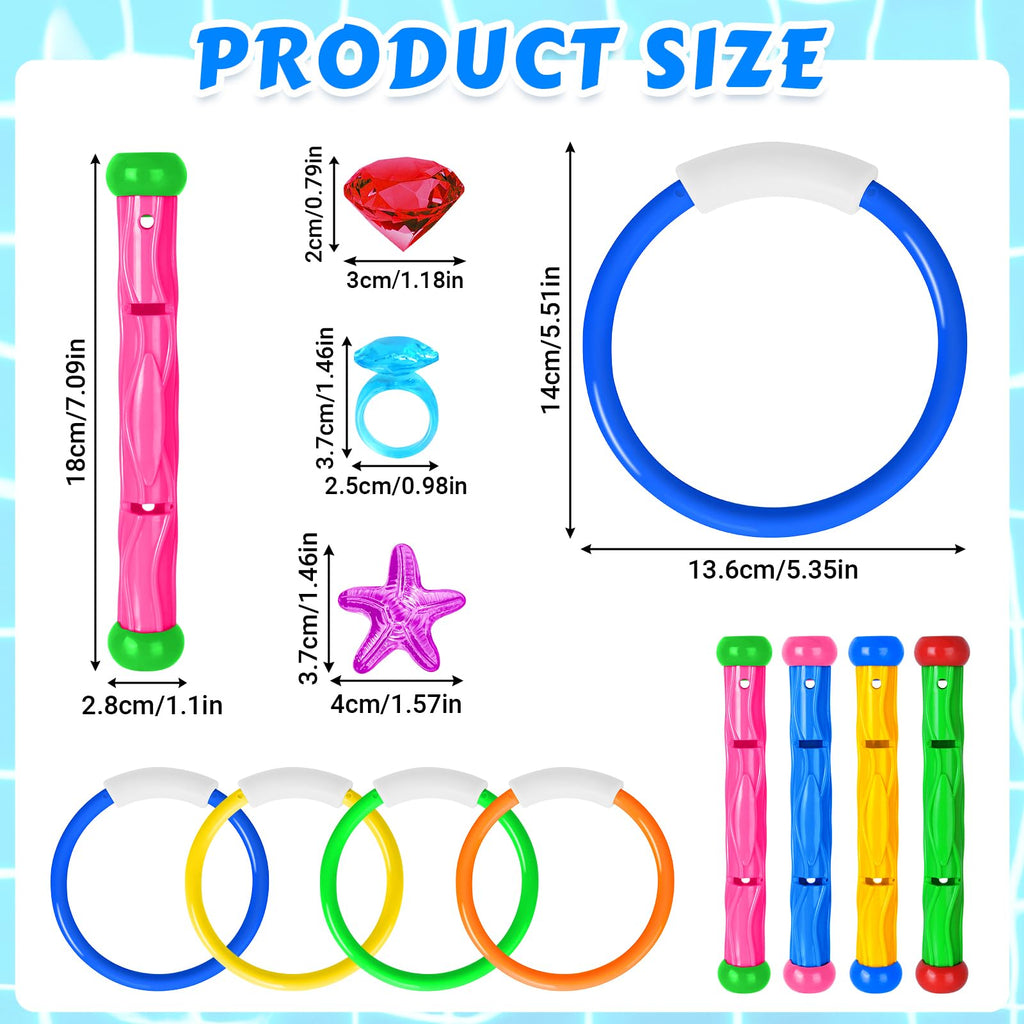 Feivando 20-Piece Pool Diving Toys Set for Kids – Rings, Sticks, Gems & Storage Bag for Summer Water Games
