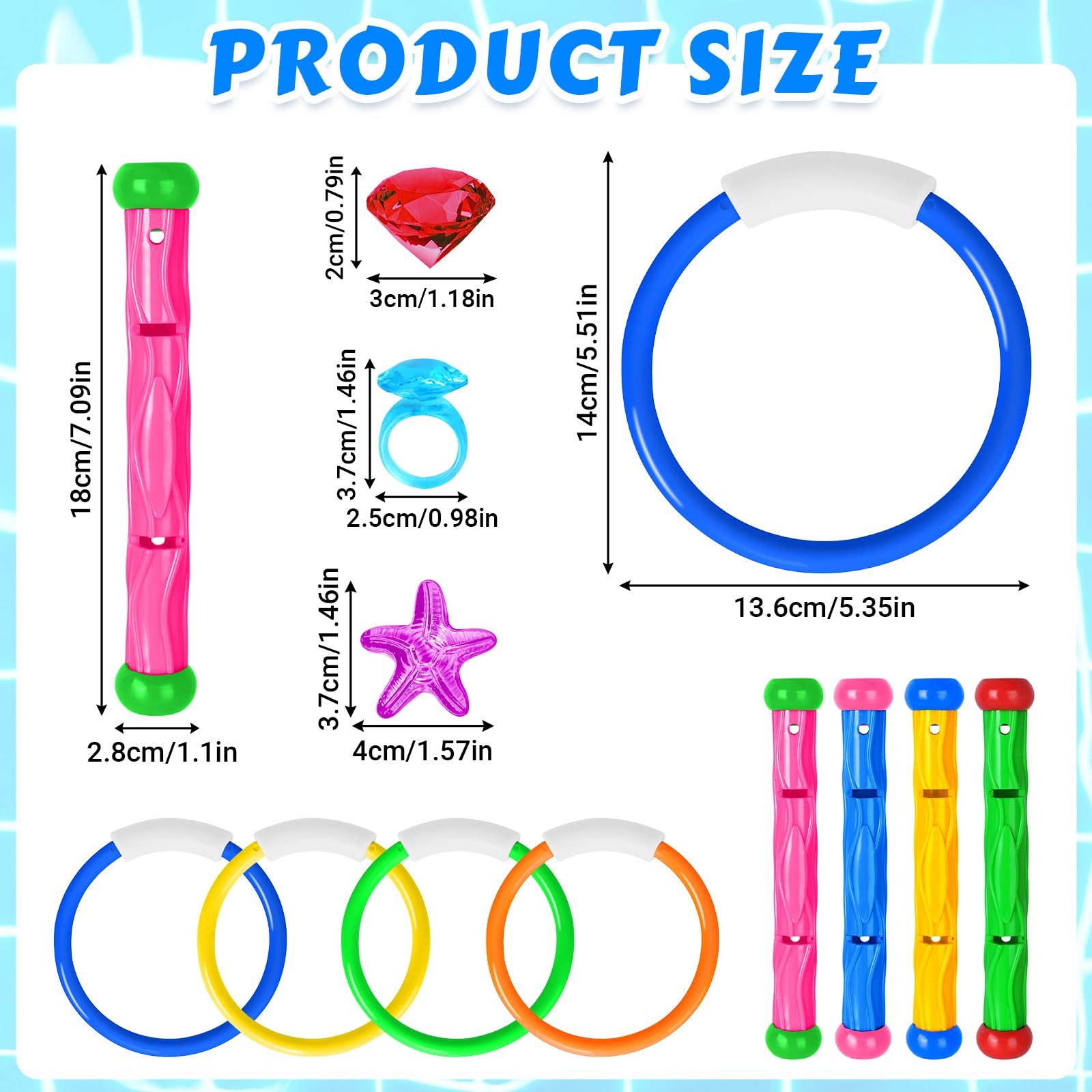 Feivando 20-Piece Pool Diving Toys Set for Kids – Rings, Sticks, Gems & Storage Bag for Summer Water Games