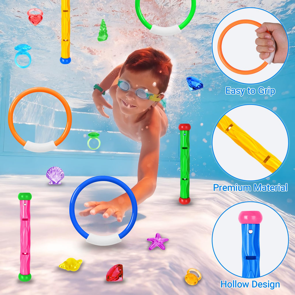 Feivando 20-Piece Pool Diving Toys Set for Kids – Rings, Sticks, Gems & Storage Bag for Summer Water Games