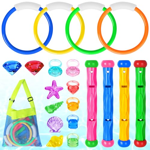 Feivando 20-Piece Pool Diving Toys Set for Kids – Rings, Sticks, Gems & Storage Bag for Summer Water Games