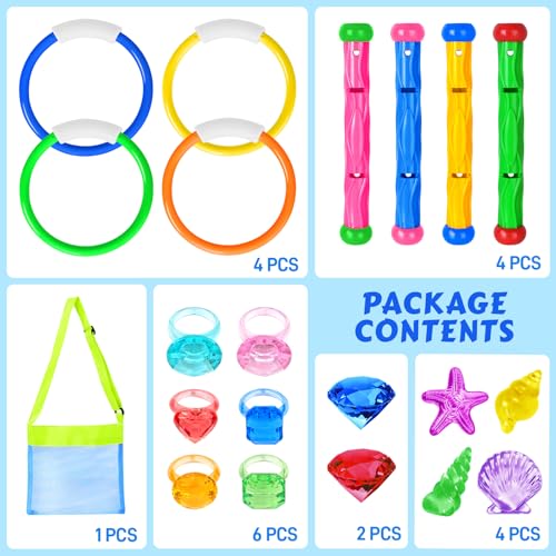Feivando 20-Piece Pool Diving Toys Set for Kids – Rings, Sticks, Gems & Storage Bag for Summer Water Games