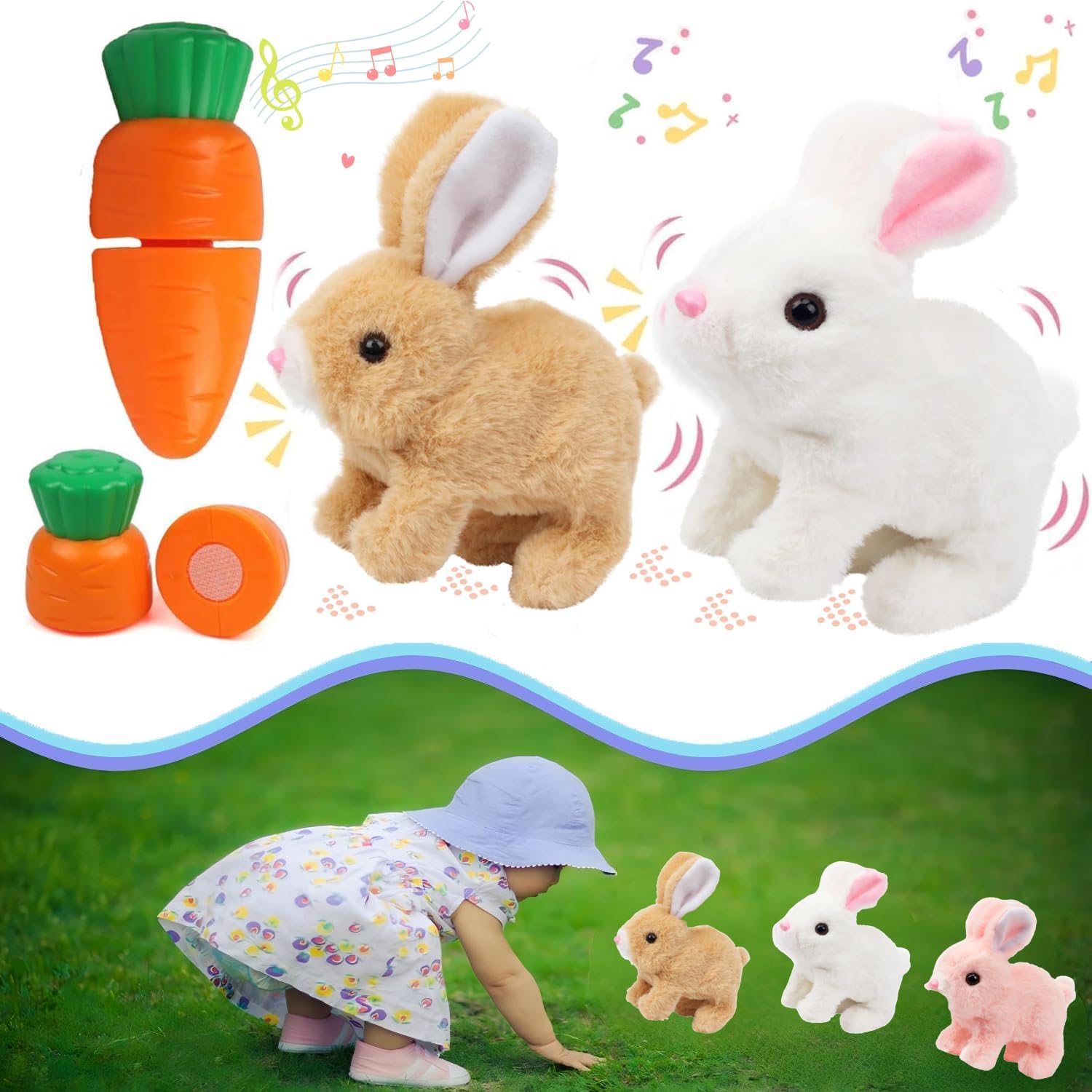 Feknnedm Hopping Bunny Toy – Interactive Easter Plush with Sounds, Jumping, and Twitching Ears (Brown+White)