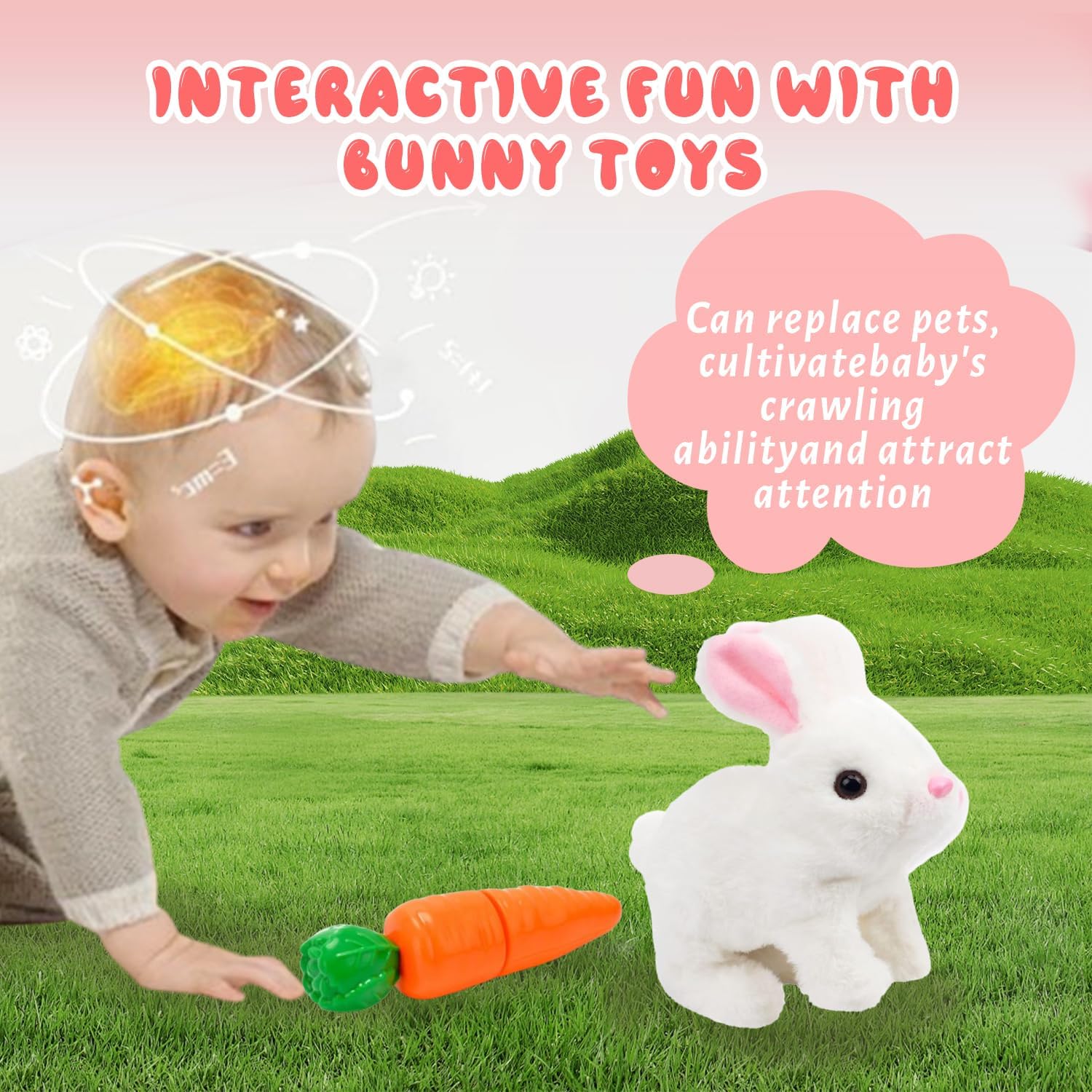 Feknnedm Hopping Bunny Toy – Interactive Easter Plush with Sounds, Jumping, and Twitching Ears (Brown+White)