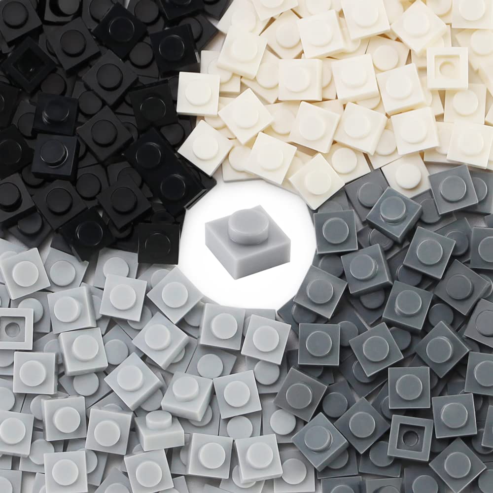Feleph Basic 1000 Pieces 1x1 Plate Set – Black, White & Gray Pixel Art Building Blocks, Compatible with 3024