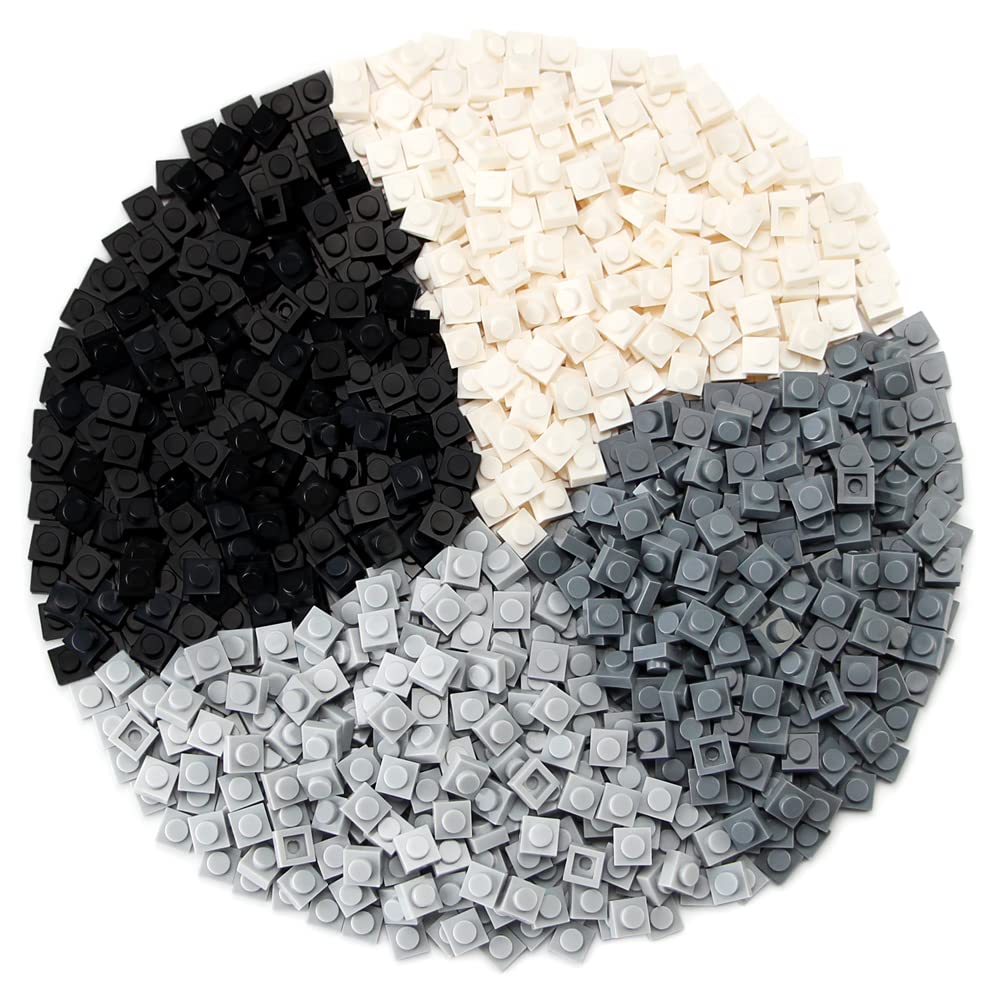 Feleph Basic 1000 Pieces 1x1 Plate Set – Black, White & Gray Pixel Art Building Blocks, Compatible with 3024