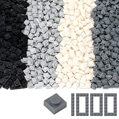 Feleph Basic 1000 Pieces 1x1 Plate Set – Black, White & Gray Pixel Art Building Blocks, Compatible with 3024