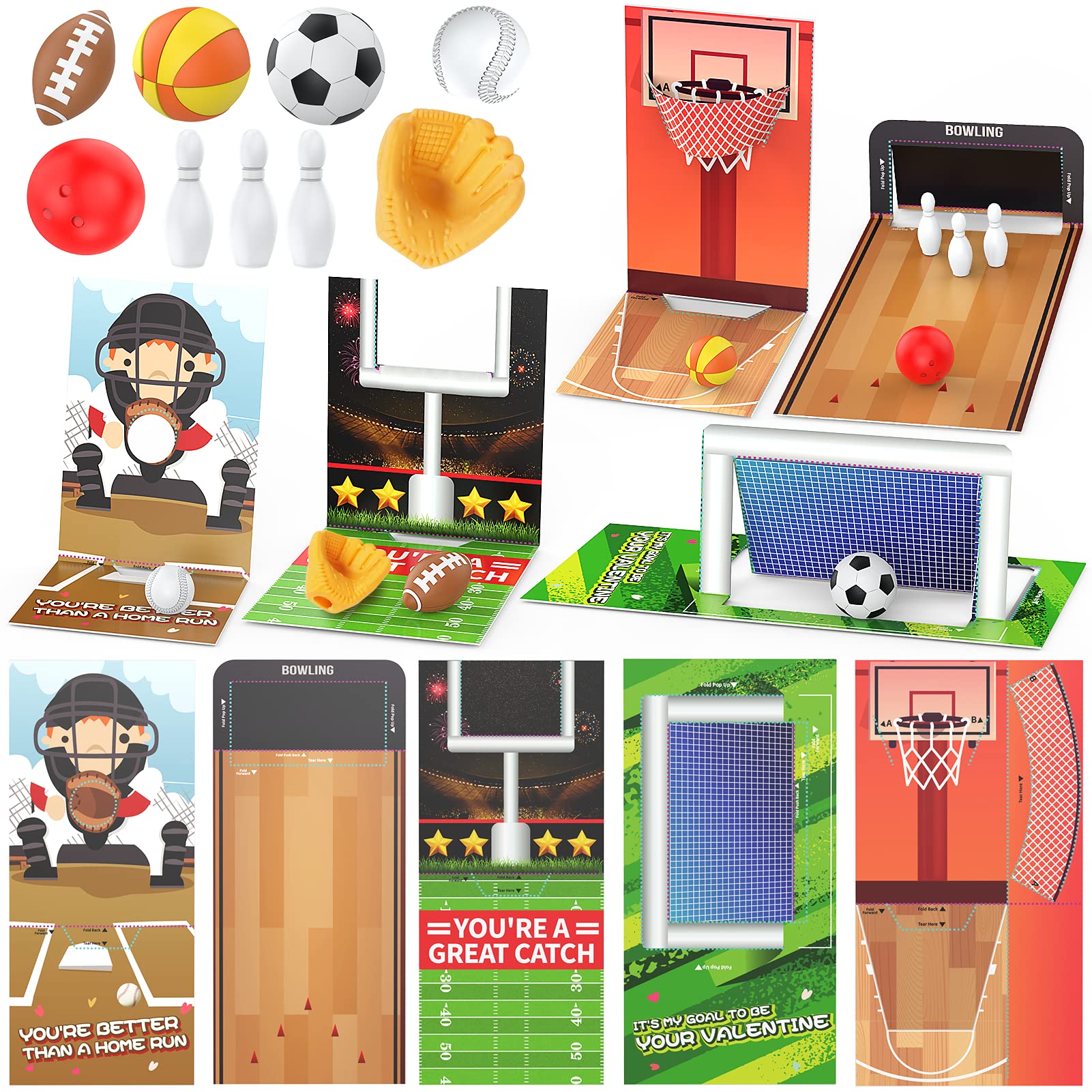 Feltom Valentine Cards for Kids – 30 Mini Sports Ball Erasers with 3D Foldable Cards for Classroom Exchange