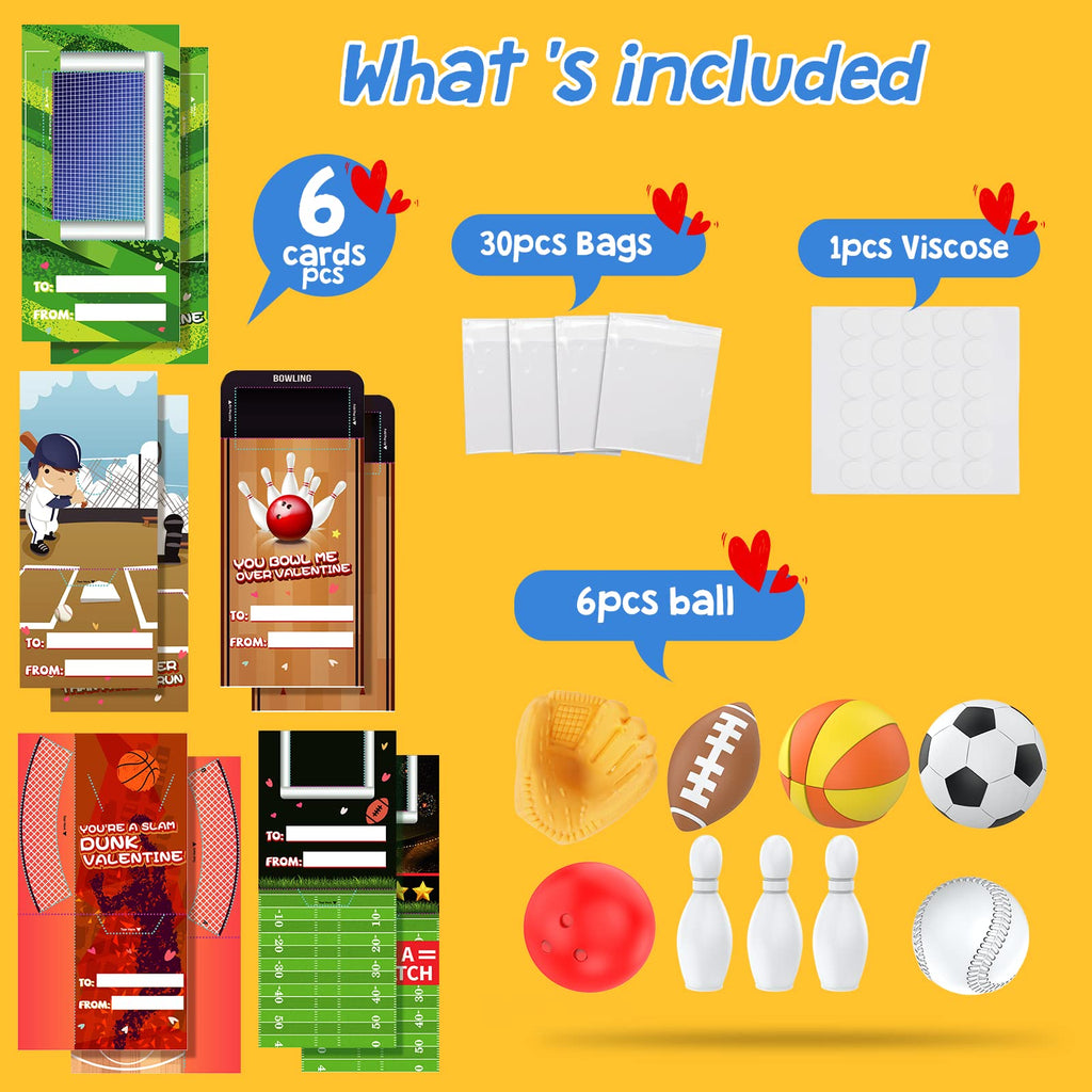 Feltom Valentine Cards for Kids – 30 Mini Sports Ball Erasers with 3D Foldable Cards for Classroom Exchange