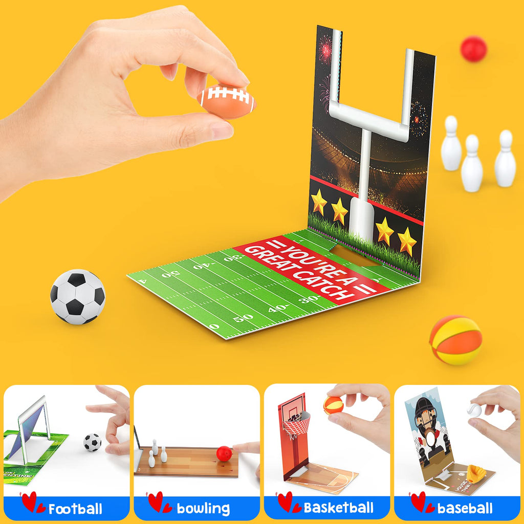 Feltom Valentine Cards for Kids – 30 Mini Sports Ball Erasers with 3D Foldable Cards for Classroom Exchange