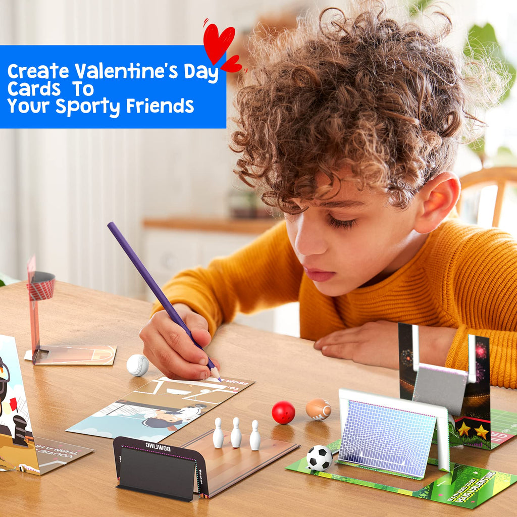 Feltom Valentine Cards for Kids – 30 Mini Sports Ball Erasers with 3D Foldable Cards for Classroom Exchange
