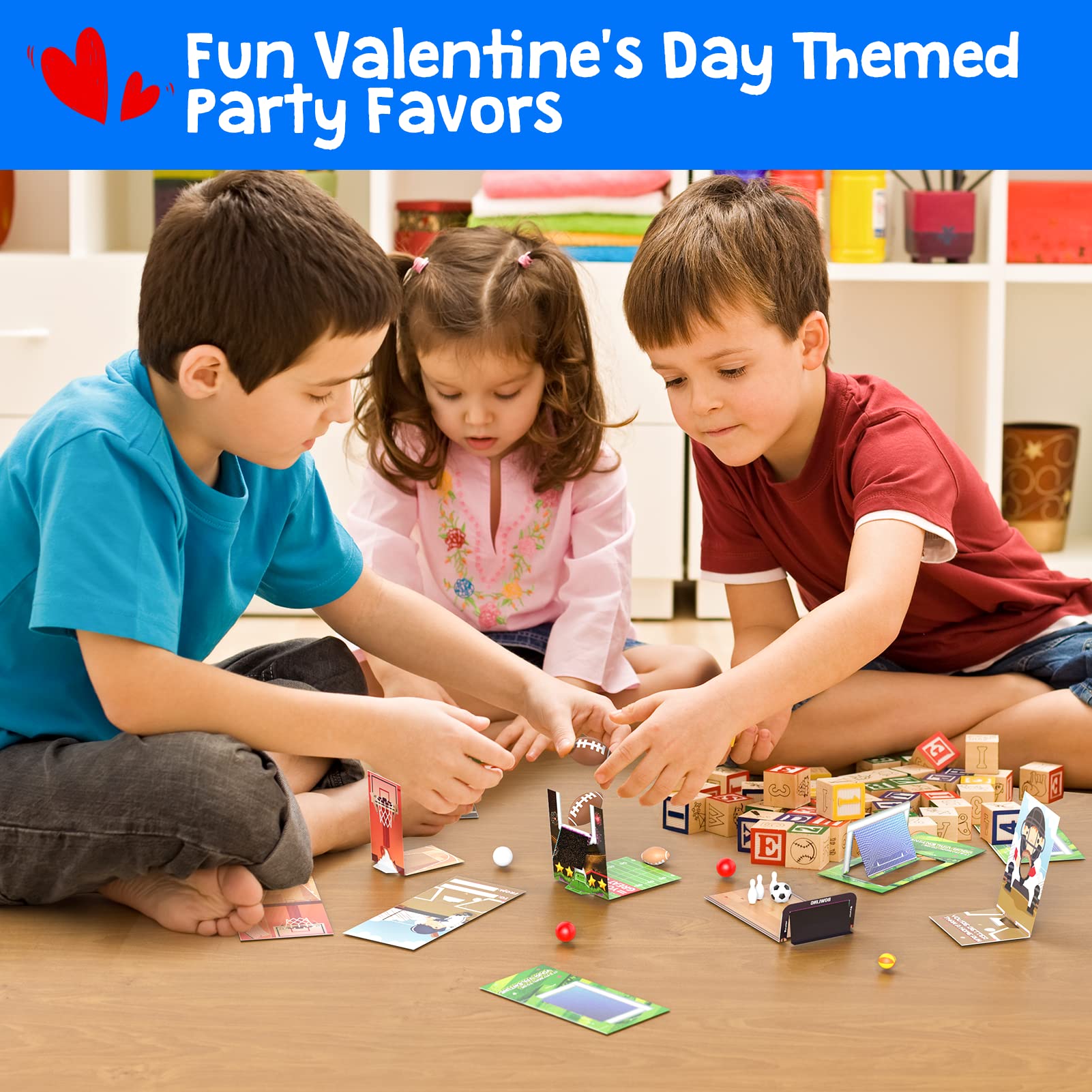 Feltom Valentine Cards for Kids – 30 Mini Sports Ball Erasers with 3D Foldable Cards for Classroom Exchange