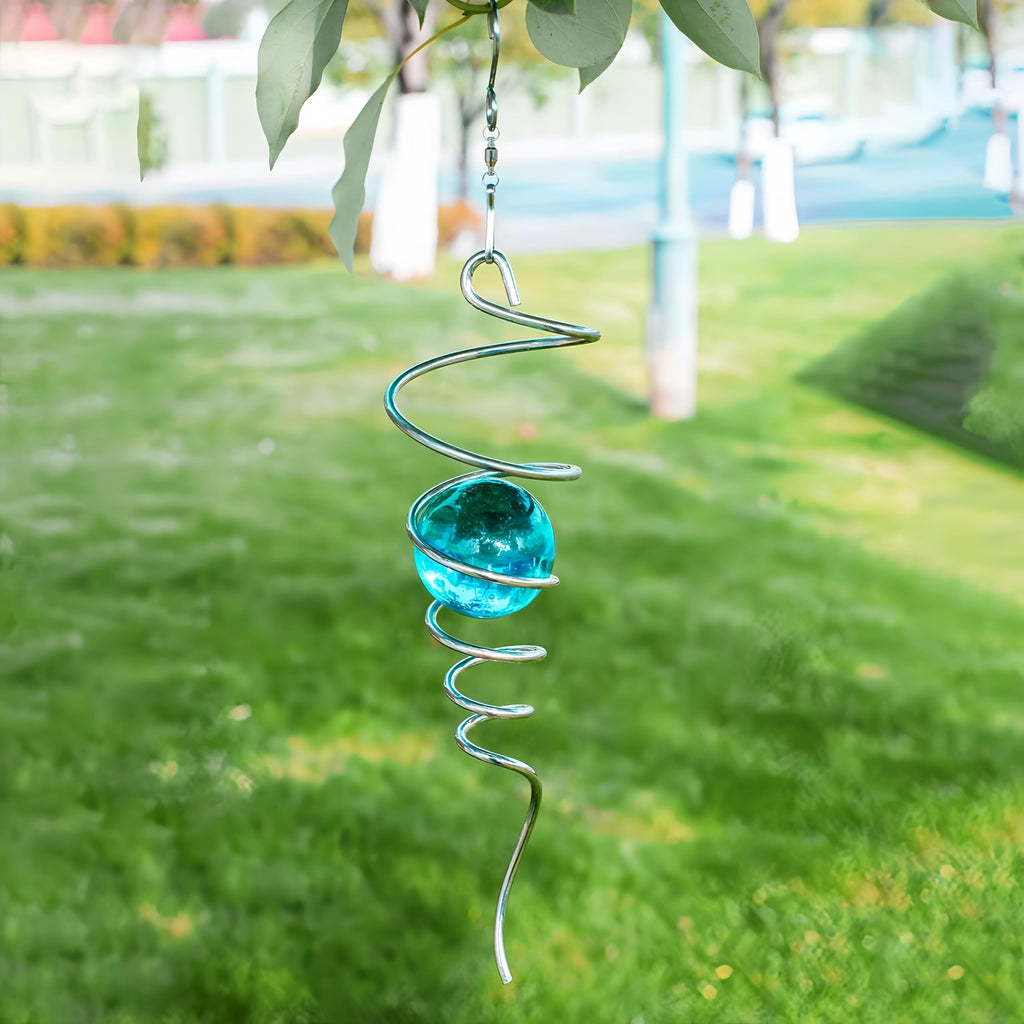 FENELY Gazing Ball Wind Spinner – Wathet Crystal Glass Orb & Stainless Steel Spiral Tail for Garden Decor