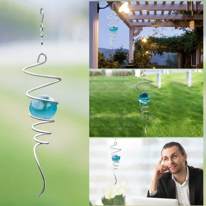 FENELY Gazing Ball Wind Spinner – Wathet Crystal Glass Orb & Stainless Steel Spiral Tail for Garden Decor