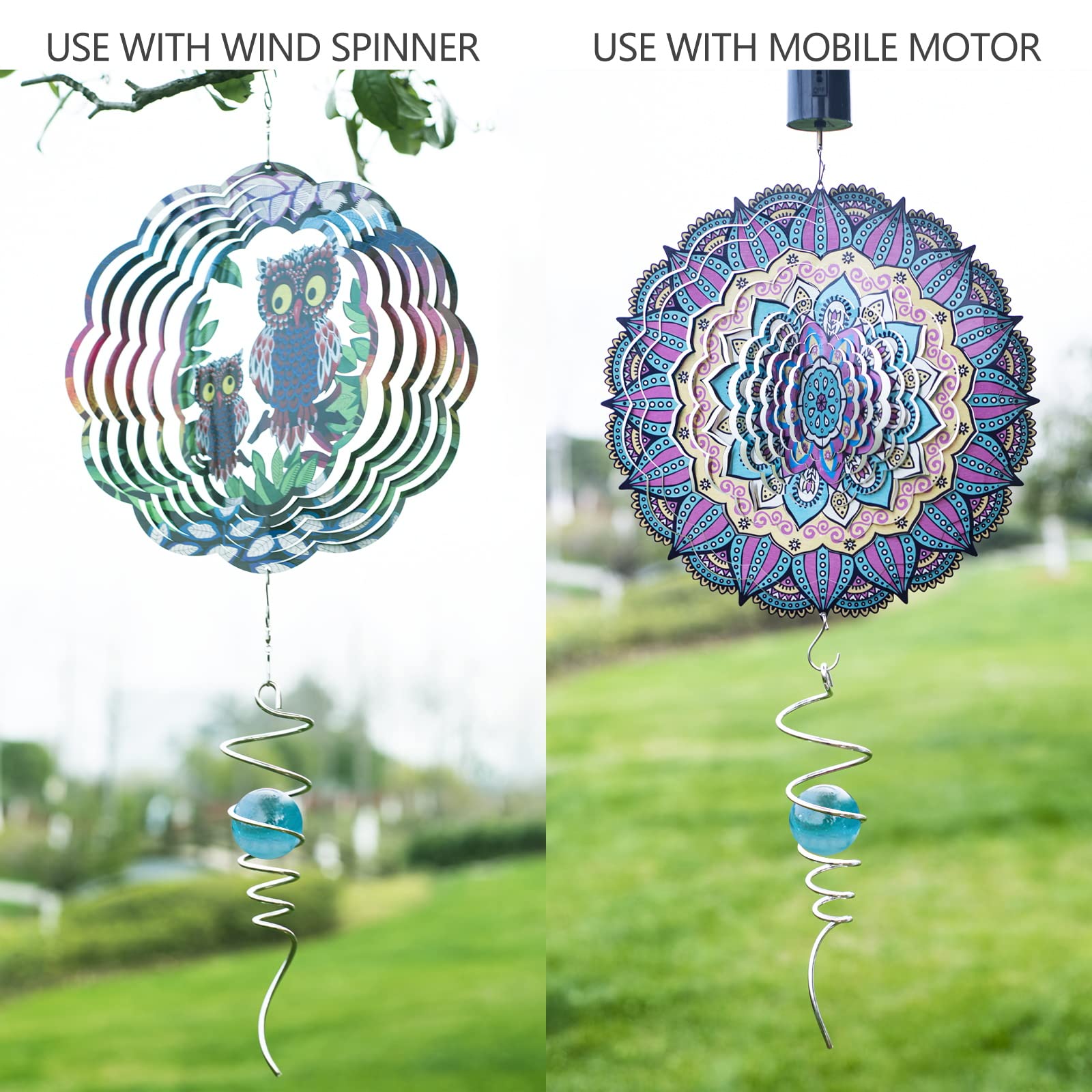 FENELY Gazing Ball Wind Spinner – Wathet Crystal Glass Orb & Stainless Steel Spiral Tail for Garden Decor