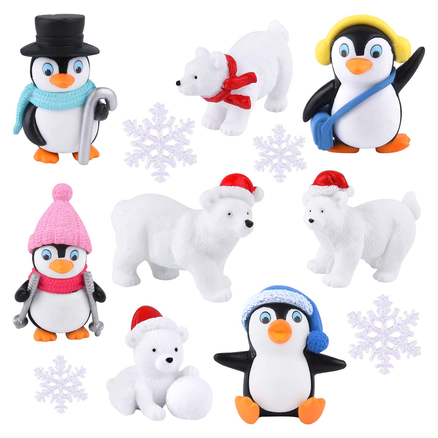 FEPITO 12-Piece Winter Resin Miniature Figurine Set: Penguins, Polar Bears, and Snowflakes for Christmas Decor
