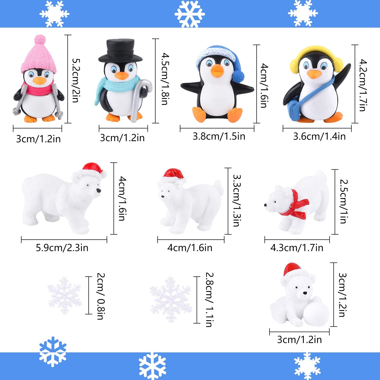 FEPITO 12-Piece Winter Resin Miniature Figurine Set: Penguins, Polar Bears, and Snowflakes for Christmas Decor