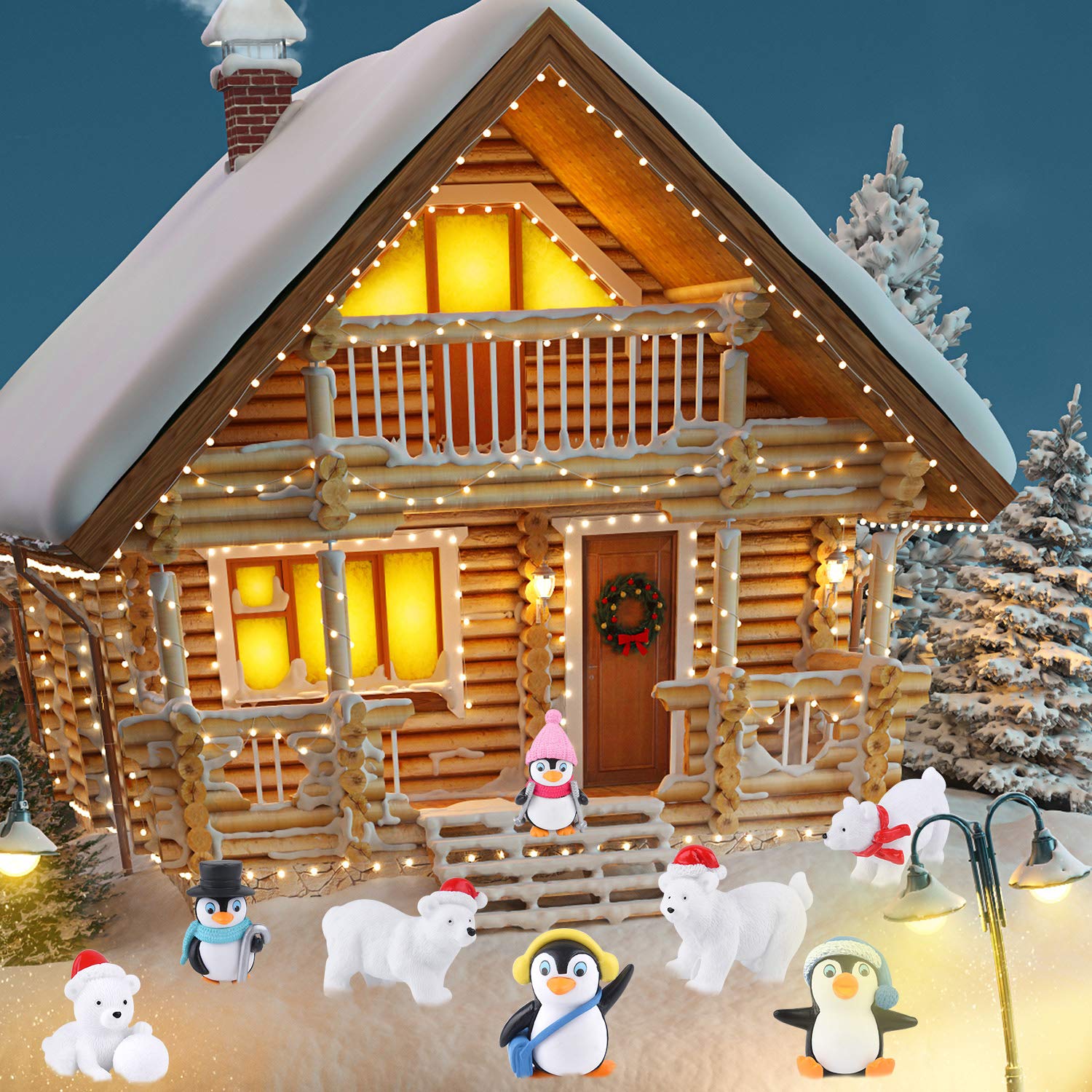 FEPITO 12-Piece Winter Resin Miniature Figurine Set: Penguins, Polar Bears, and Snowflakes for Christmas Decor