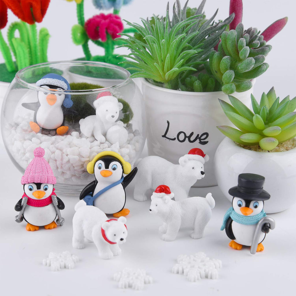 FEPITO 12-Piece Winter Resin Miniature Figurine Set: Penguins, Polar Bears, and Snowflakes for Christmas Decor