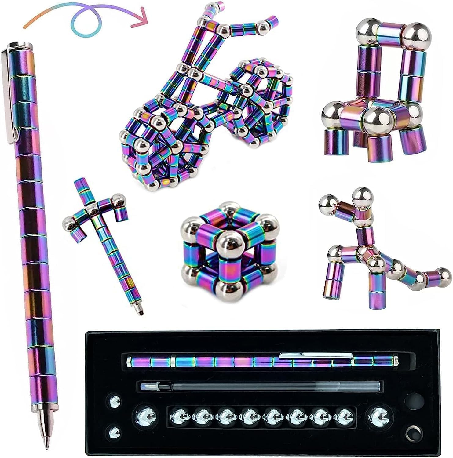 Ferbixo Magnetic Fidget Pen for Teens - Deformable Stress Relief Toy with 13 Rings & 12 Balls, Ages 8-15