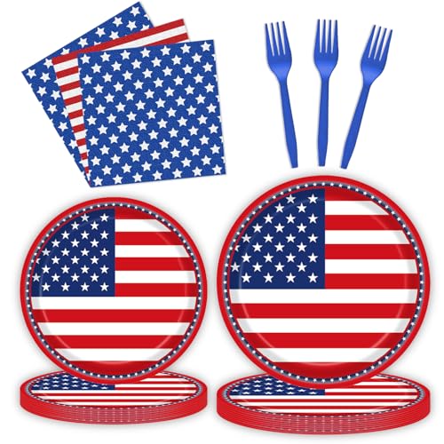 Fesciory 96-Piece American Flag Patriotic Party Supplies Set – Plates, Napkins, Forks for 24 Guests