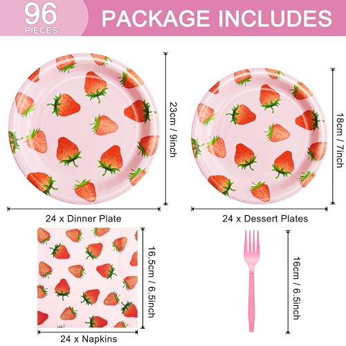 Fesciory 96-Piece Strawberry Party Supplies Set – Disposable Plates, Napkins & Forks for 24 Guests