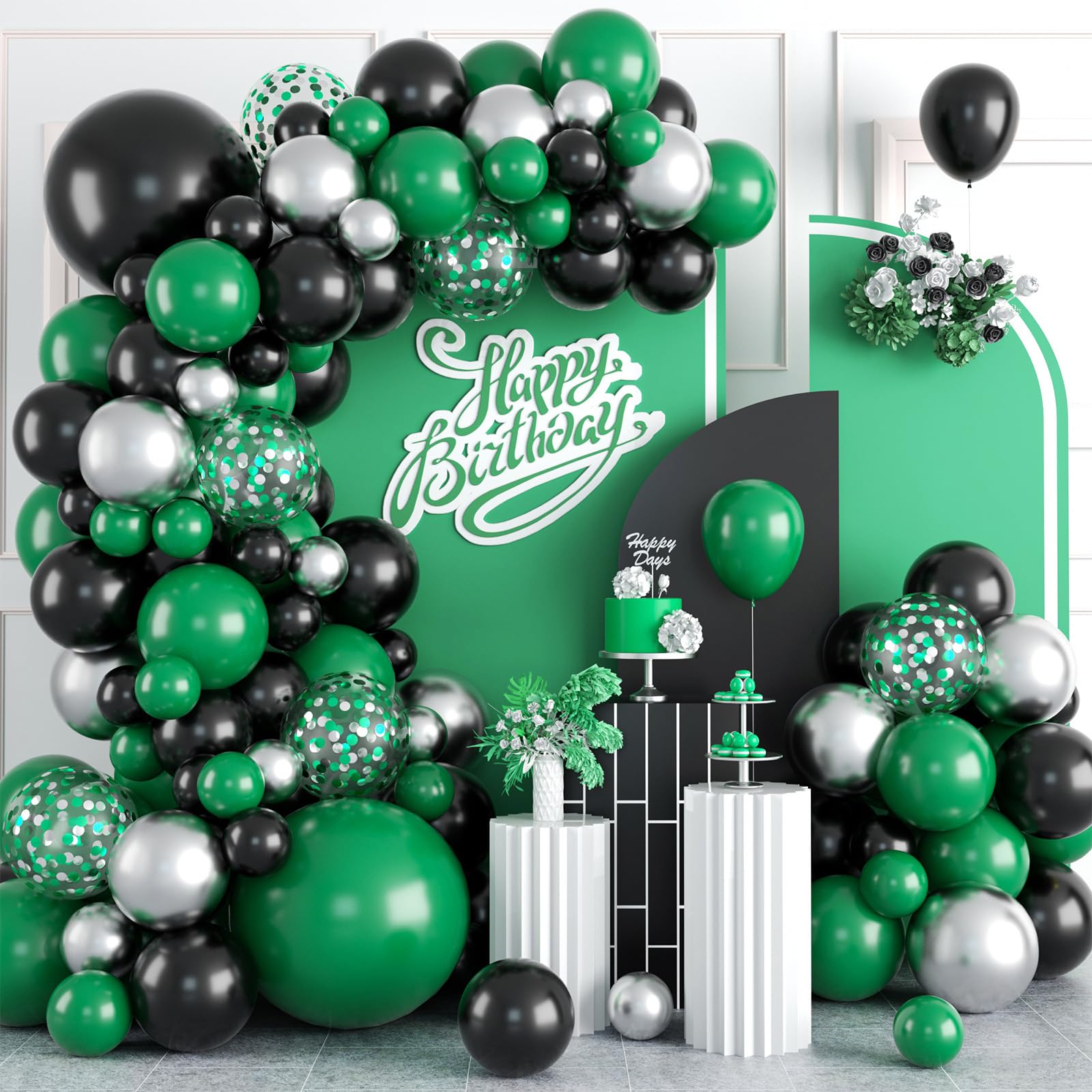 FEYG 120-Piece Green Black Silver Balloon Arch Kit – Easy Assembly, Reusable Latex