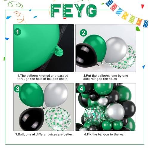 FEYG 120-Piece Green Black Silver Balloon Arch Kit – Easy Assembly, Reusable Latex