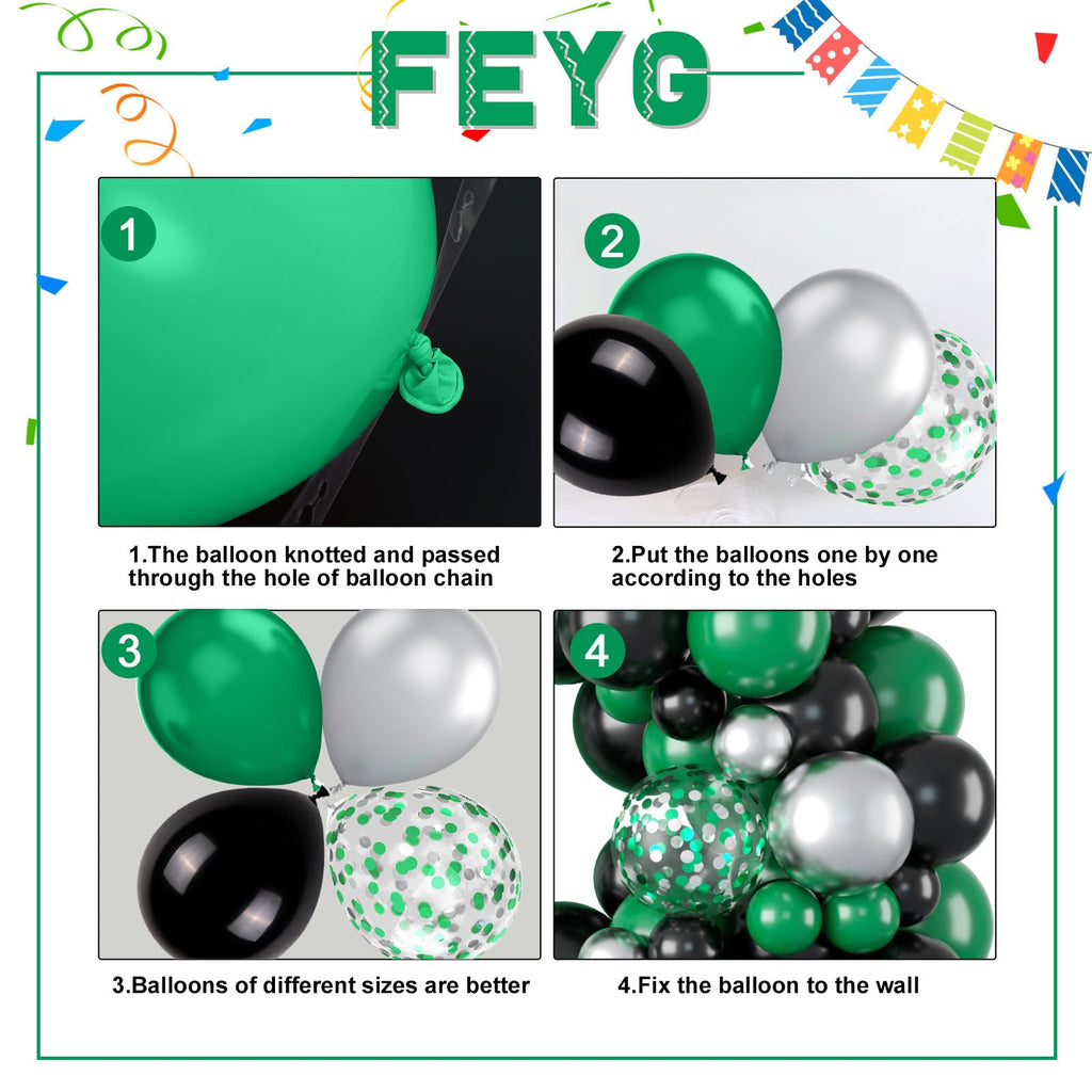 FEYG 120-Piece Green Black Silver Balloon Arch Kit – Easy Assembly, Reusable Latex