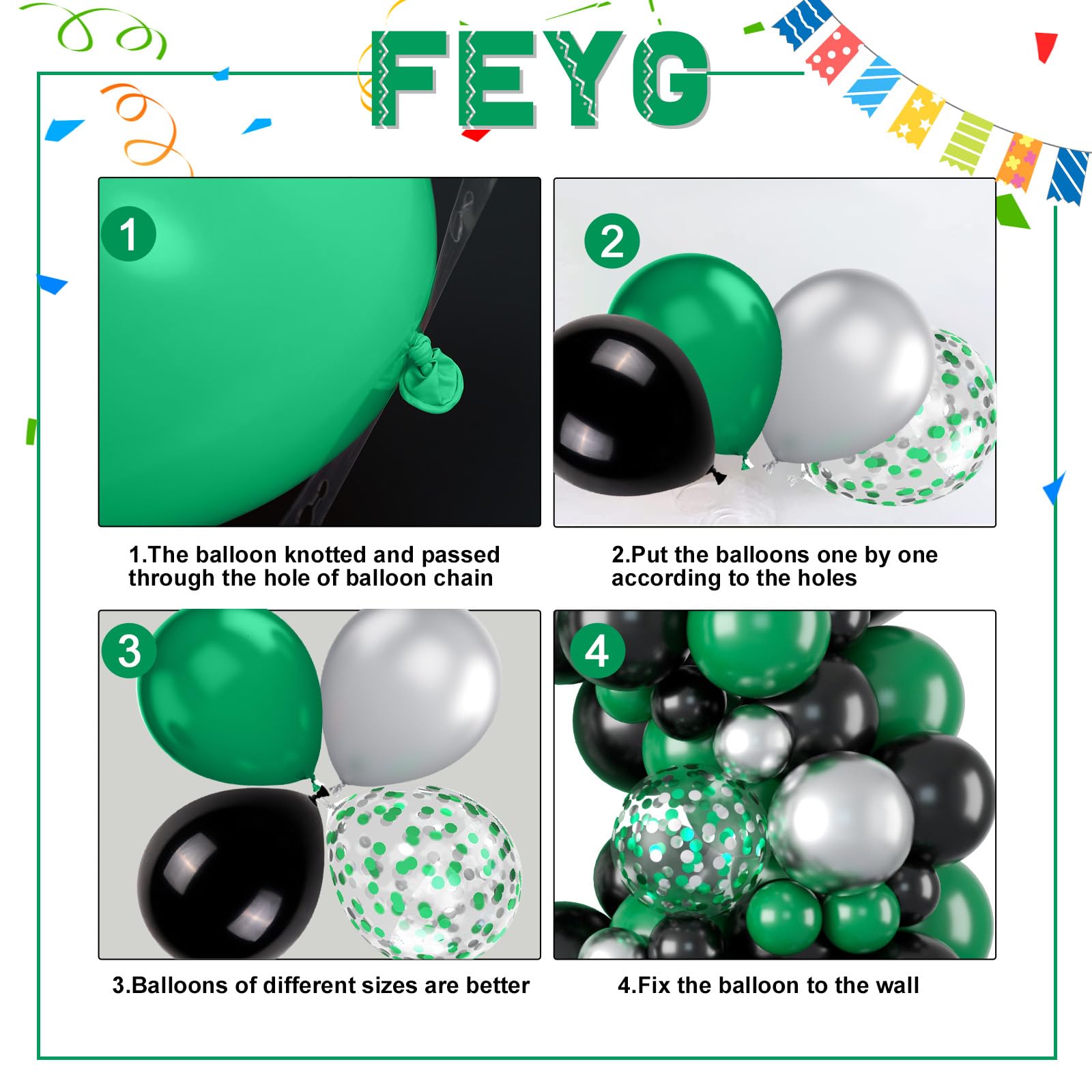 FEYG 120-Piece Green Black Silver Balloon Arch Kit – Easy Assembly, Reusable Latex
