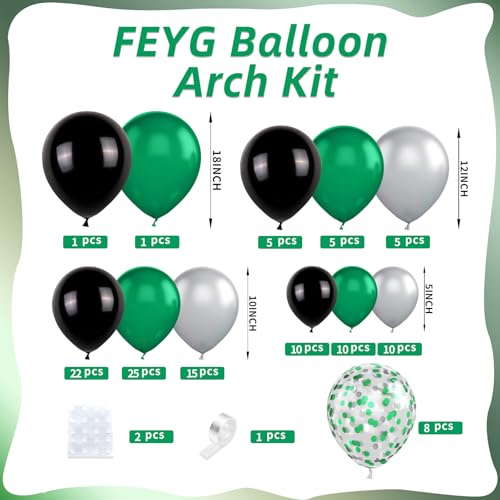 FEYG 120-Piece Green Black Silver Balloon Arch Kit – Easy Assembly, Reusable Latex