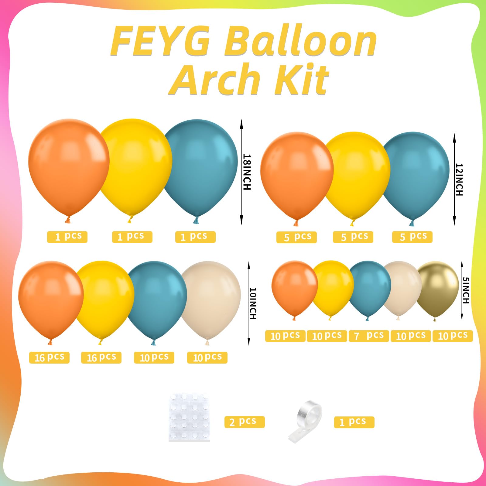 FEYG 120-Piece Retro Blue Orange Yellow Balloon Arch Kit for Party Decor