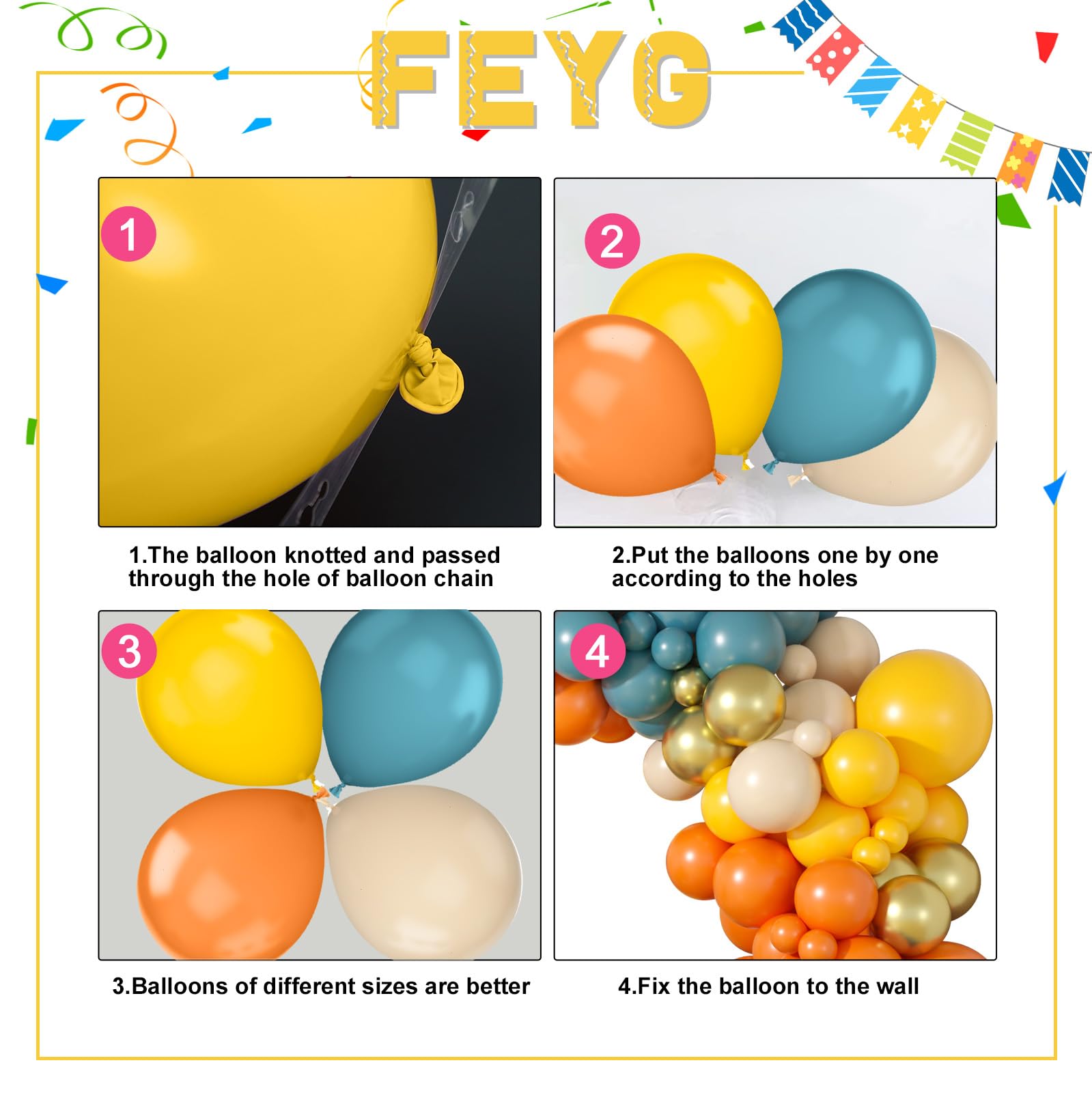 FEYG 120-Piece Retro Blue Orange Yellow Balloon Arch Kit for Party Decor