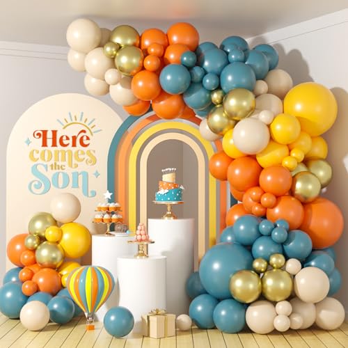 FEYG 120-Piece Retro Blue Orange Yellow Balloon Arch Kit for Party Decor