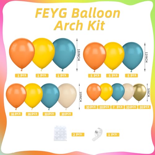 FEYG 120-Piece Retro Blue Orange Yellow Balloon Arch Kit for Party Decor