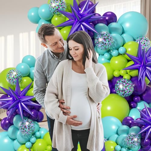 FEYG 126-Piece Green Purple Teal Balloon Arch Kit with Confetti and Star Foil Balloons for Birthday Baby Shower Wedding Decor
