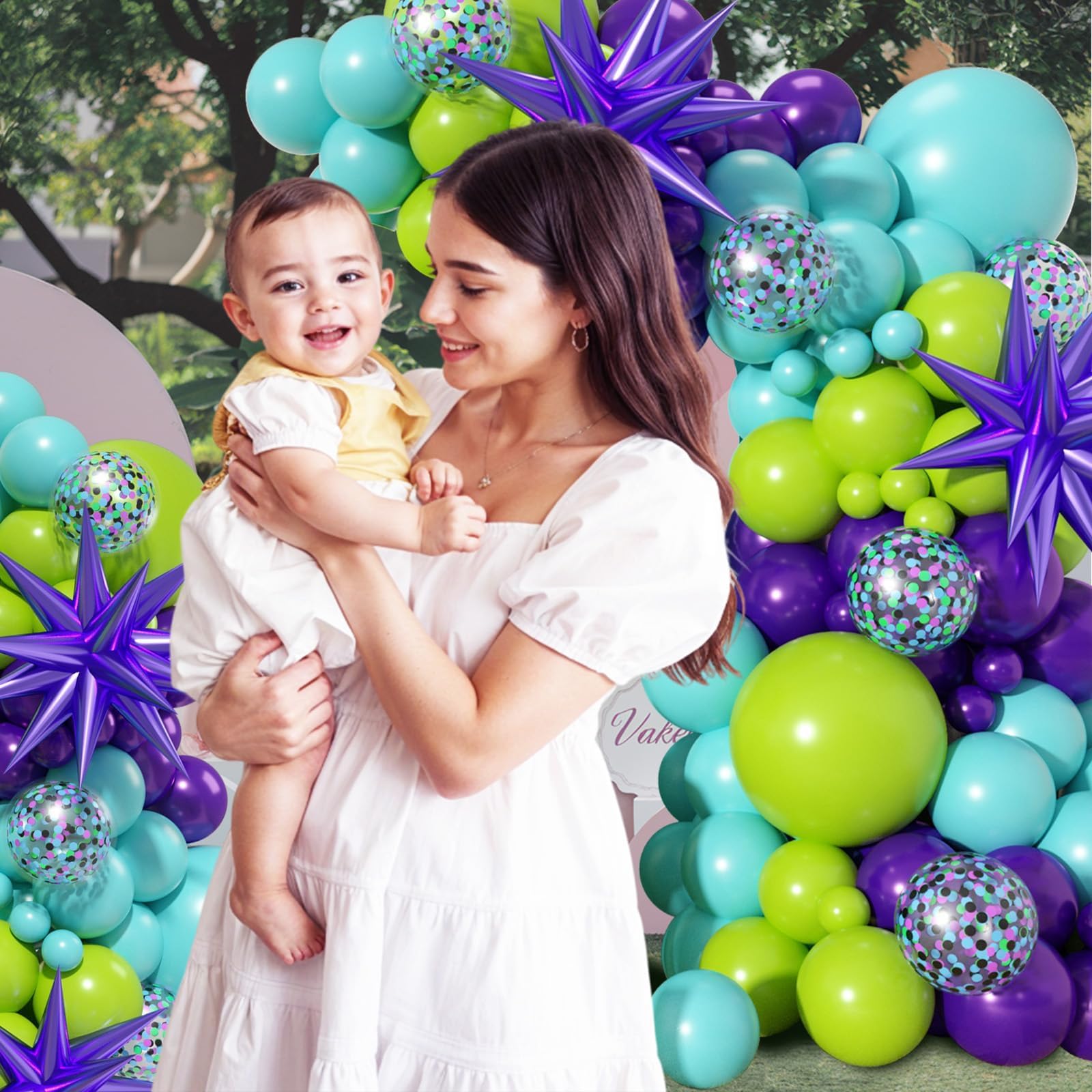 FEYG 126-Piece Green Purple Teal Balloon Arch Kit with Confetti and Star Foil Balloons for Birthday Baby Shower Wedding Decor