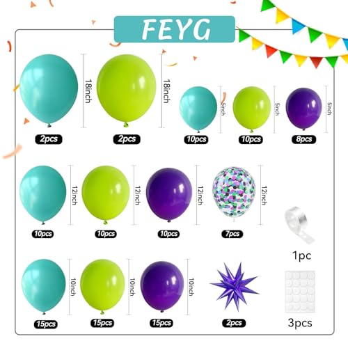 FEYG 126-Piece Green Purple Teal Balloon Arch Kit with Confetti and Star Foil Balloons for Birthday Baby Shower Wedding Decor