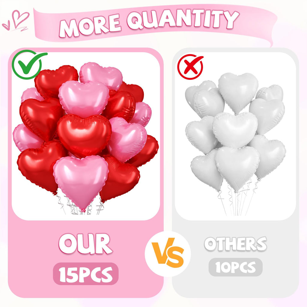 FEYG 15 Pack 18-Inch Red Pink Heart Foil Balloons for Valentine’s Day and Party Decor