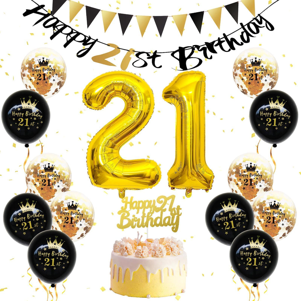 FEYG 21st Birthday Decorations Kit – Black & Gold Party Supplies with Number 21 Balloons, Banner, and Cake Topper