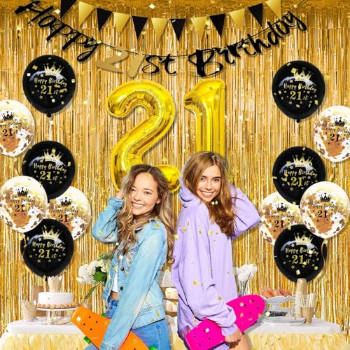 FEYG 21st Birthday Decorations Kit – Black & Gold Party Supplies with Number 21 Balloons, Banner, and Cake Topper