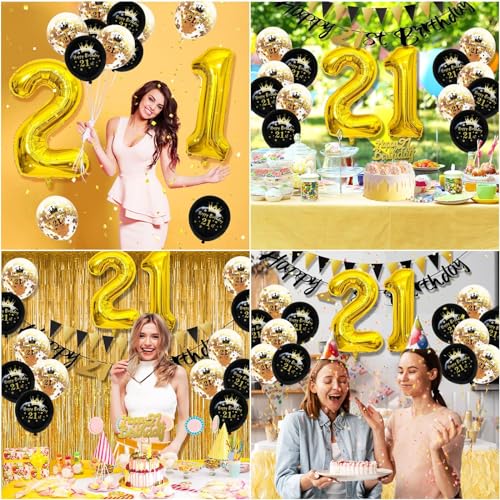 FEYG 21st Birthday Decorations Kit – Black & Gold Party Supplies with Number 21 Balloons, Banner, and Cake Topper