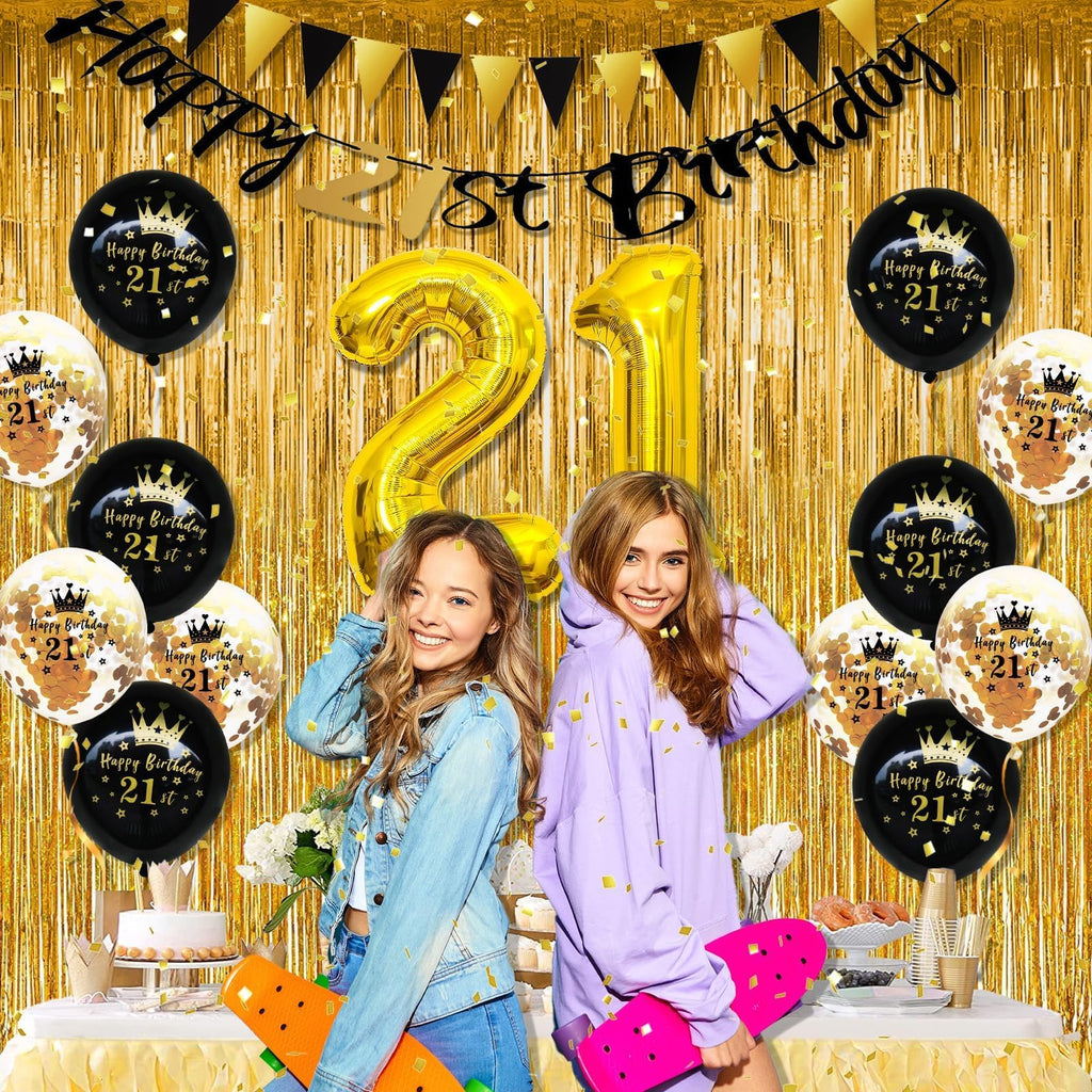 FEYG 21st Birthday Decorations Kit – Black & Gold Party Supplies with Number 21 Balloons, Banner, and Cake Topper